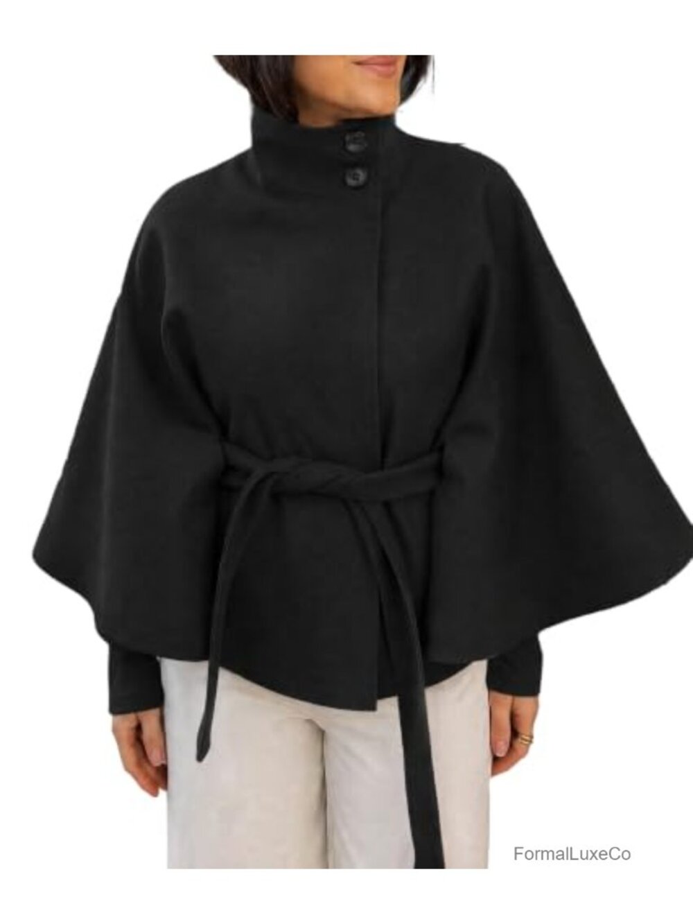Wool Blend Batwing Sleeve Belted Pea Coat Cape Poncho